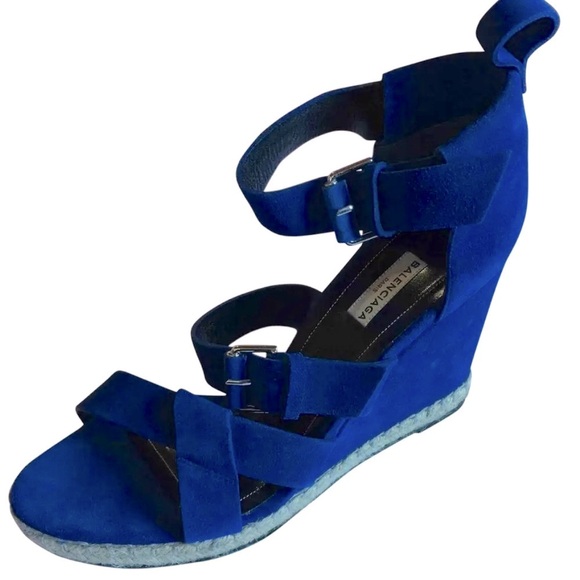 Balenciaga Electric Blue suede Wedge Sandals with Crisscross Straps - Picture 2 of 13